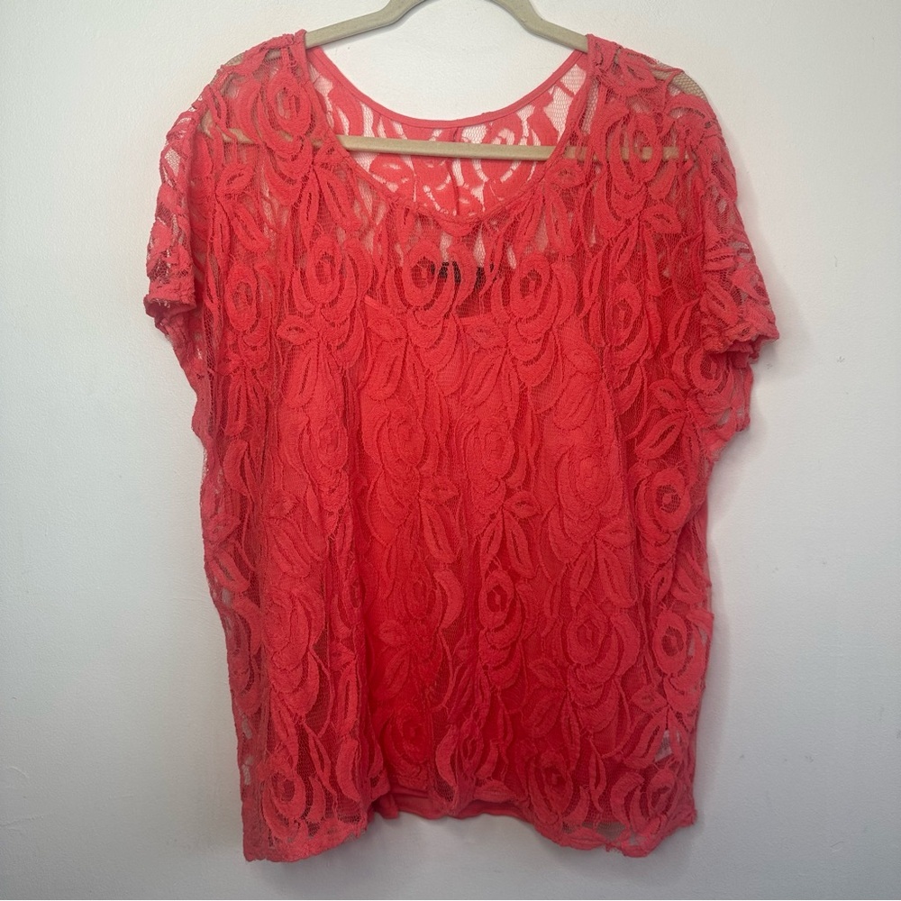 Apt 9 Women’s Plus Size Coral Peach Orange Pink Floral Lace Blouse Size 1X